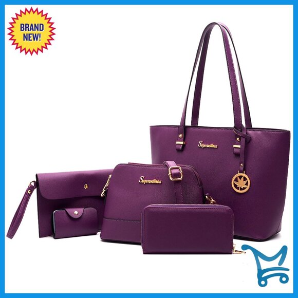 Handbags - 5-Piece Synthetic Leather Tote Set with Wallet and Clutch for Women